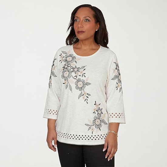 Alfred Dunner Detail Driven Womens Crew Neck 3/4 Sleeve T-Shirt