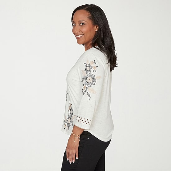 Alfred Dunner Detail Driven Womens Crew Neck 3/4 Sleeve T-Shirt