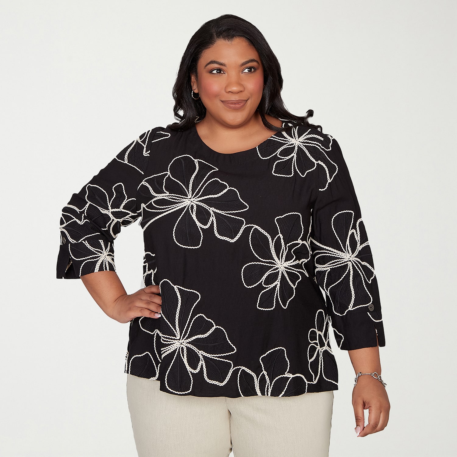Alfred Dunner Detail Driven Womens Plus Crew Neck 3/4 Sleeve Blouse