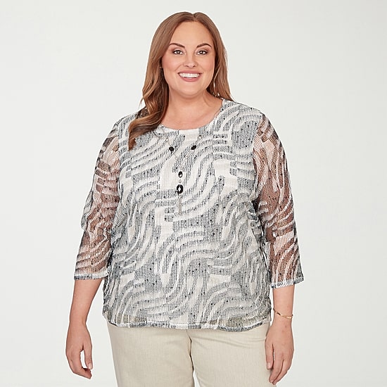 Alfred Dunner Detail Driven Womens Plus Crew Neck 3/4 Sleeve T-Shirt