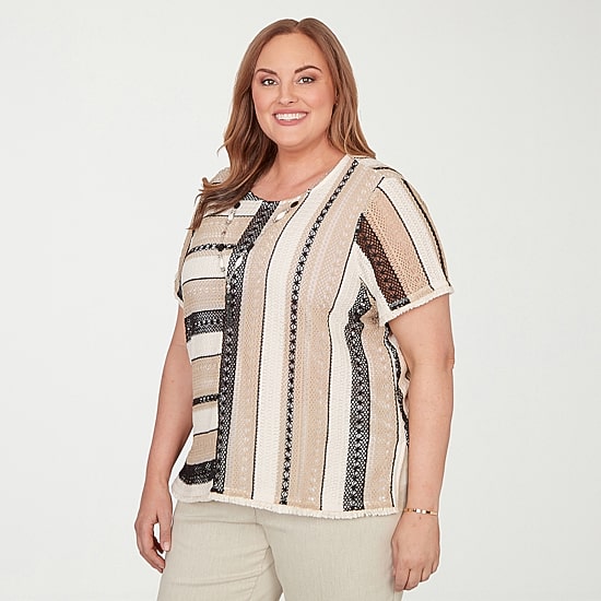 Alfred Dunner Detail Driven Womens Plus Crew Neck 3/4 Sleeve T-Shirt