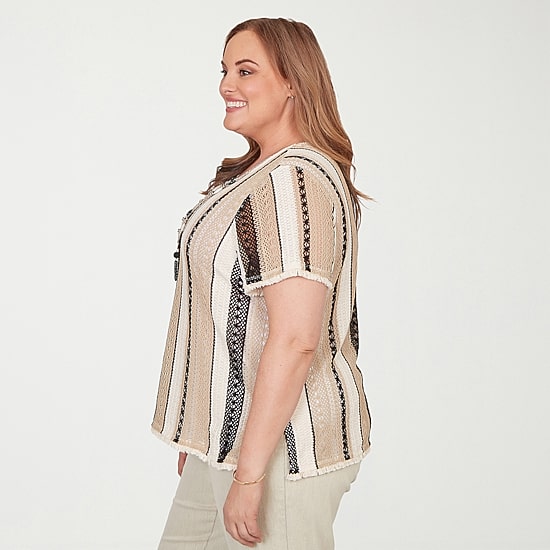 Alfred Dunner Detail Driven Womens Plus Crew Neck 3/4 Sleeve T-Shirt