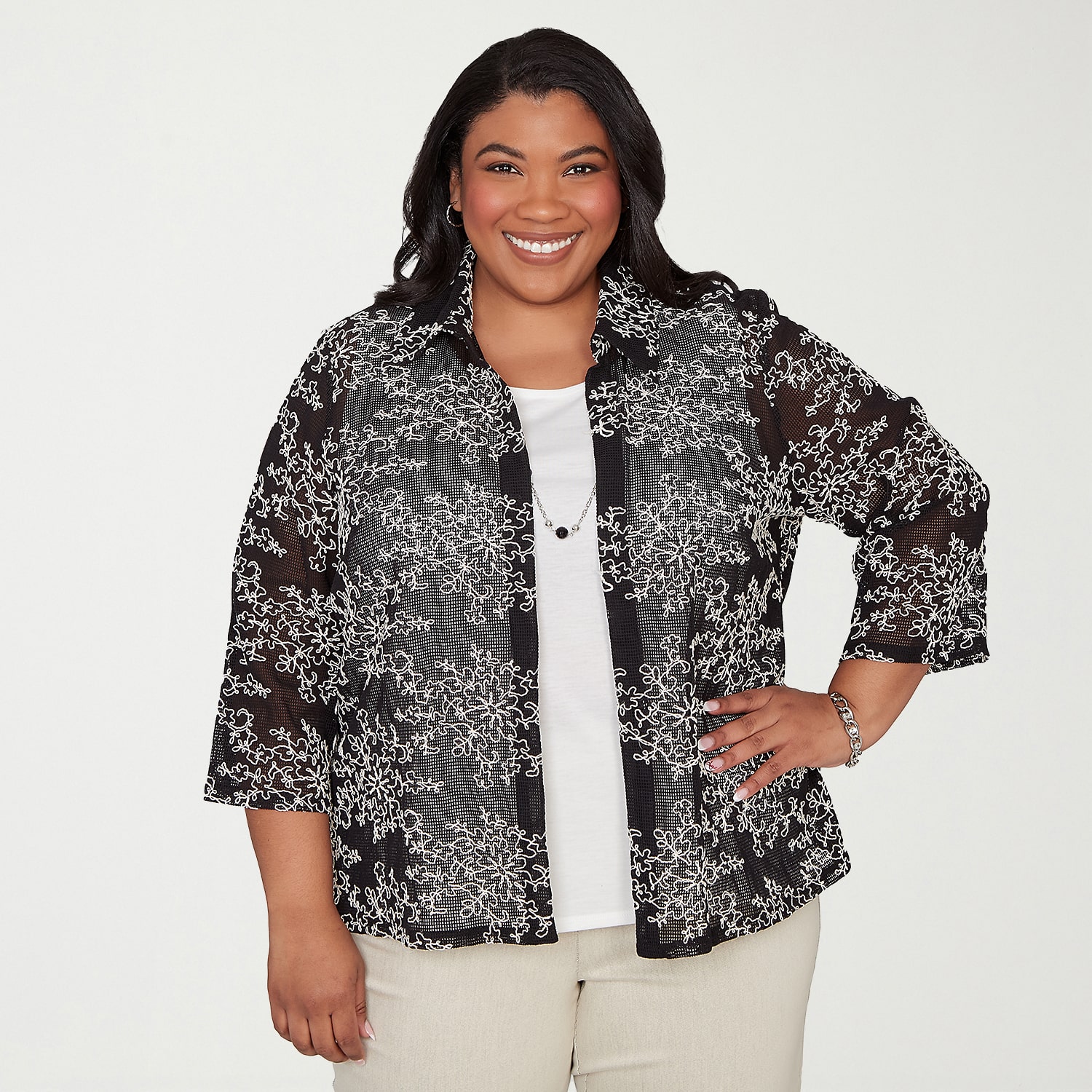 Alfred Dunner Detail Driven Womens Plus Roll 3/4 Sleeve Classic Fit Button-Down Shirt