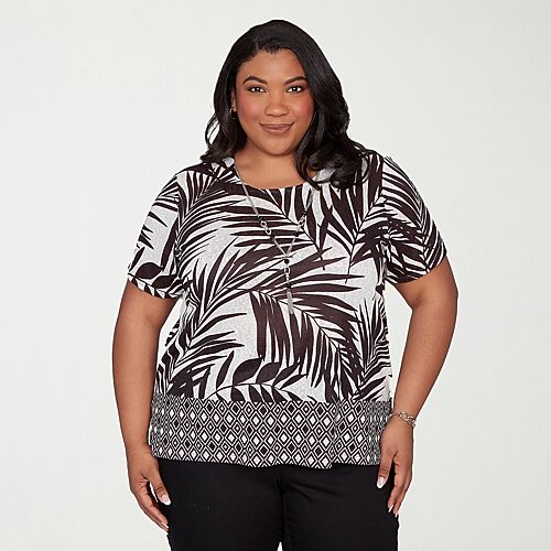 Alfred Dunner Detail Driven Womens Plus Crew Neck Short Sleeve T-Shirt, 2x, Black