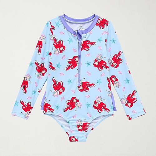 Disney Collection Little & Big Kid Girls Princess The Little Mermaid Long Sleeve One Piece Swimsuit, 5/6, Blue