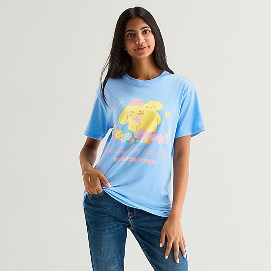 Pompompurri Boyfriend Tee Womens Juniors Crew Neck Short Sleeve Regular Fit Hello Kitty Graphic T-Shirt