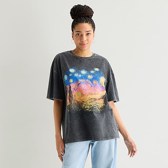 New World Starry Night Womens Juniors Crew Neck Short Sleeve
