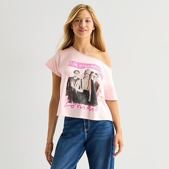 New World Cranberries Off The Shoulder Tee Womens Juniors Asymmetrical Neck Short Sleeve Regular Fit Graphic T-Shirt