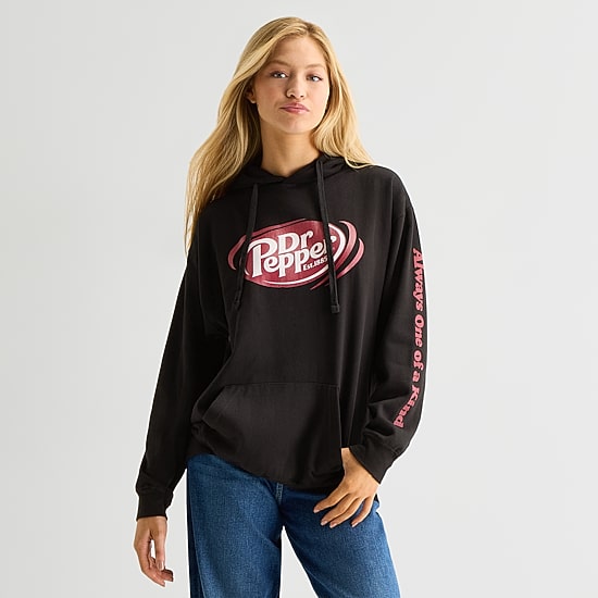Dr Pepper Womens Juniors Long Sleeve Fleece Hoodie, Color: Black