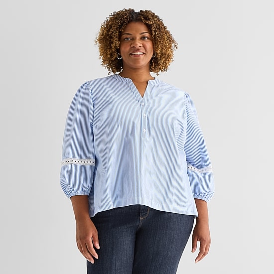St. John's Bay Womens Plus Henley Neck 3/4 Sleeve Blouse