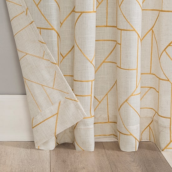 Archaeo Jigsaw Embroidery Linen Blend Rod Pocket Sheer Single Curtain Panel