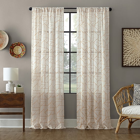 Archaeo Jigsaw Embroidery Linen Blend Rod Pocket Sheer Single Curtain Panel