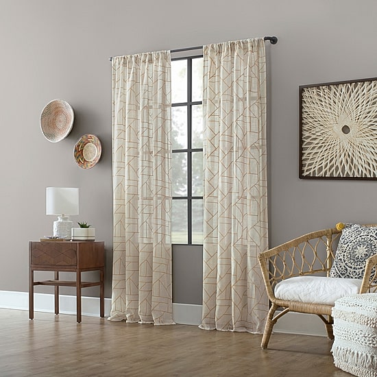 Archaeo Jigsaw Embroidery Linen Blend Rod Pocket Sheer Single Curtain Panel