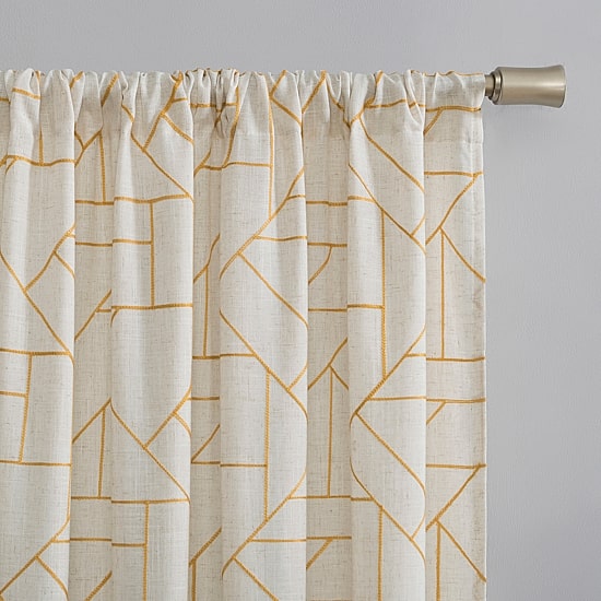 Archaeo Jigsaw Embroidery Linen Blend Rod Pocket Sheer Single Curtain Panel