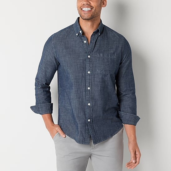 St. John's Bay Chambray Mens Long Sleeve Classic Fit Button-Down Shirt