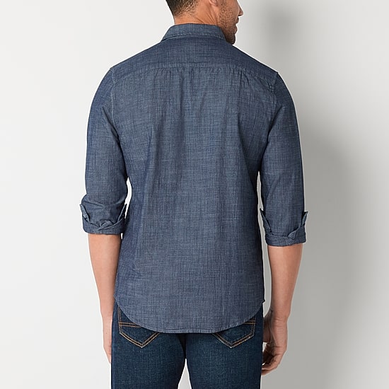 St. John's Bay Chambray Mens Long Sleeve Slim Fit Button-Down Shirt
