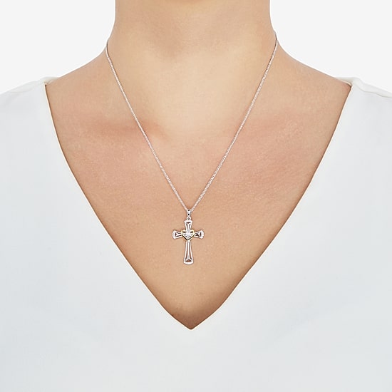 Womens White Cubic Zirconia Sterling Silver Cross 18 Inch Pendant Necklace
