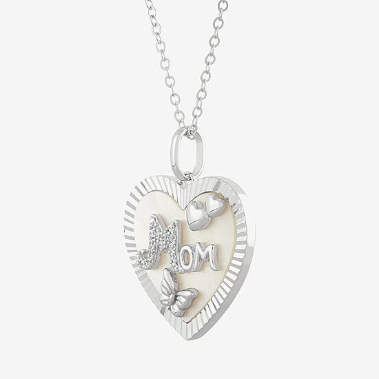 "Mom" Womens White Mother Of Pearl Sterling Silver Heart 18 Inch Pendant Necklace