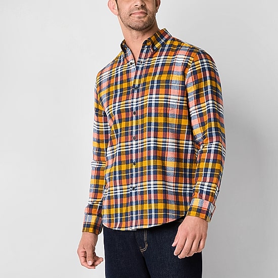 St. John's Bay Mens Easy-on + Easy-off Seated Wear Long Sleeve Adaptive Classic Fit Flannel Shirt