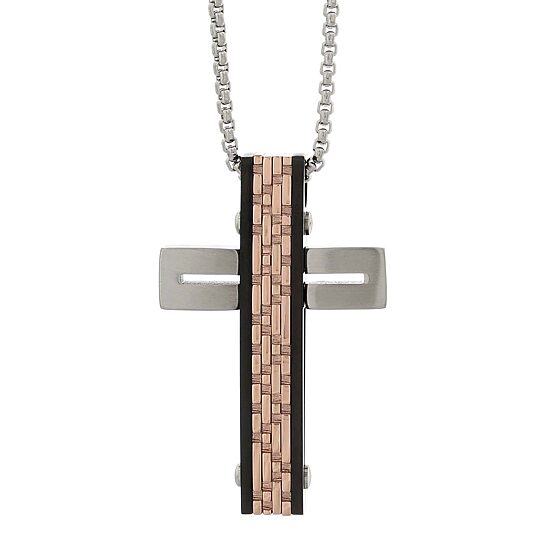 Mens Tri-Color Stainless Steel Textured Cross Pendant Necklace