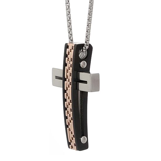 Mens Tri-Color Stainless Steel Textured Cross Pendant Necklace