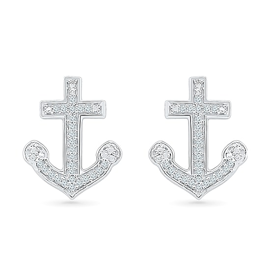 1/10 CT. T.W. Natural White Diamond Sterling Silver 15mm Anchor Stud Earrings