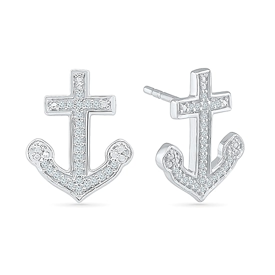 1/10 CT. T.W. Natural White Diamond Sterling Silver 15mm Anchor Stud Earrings