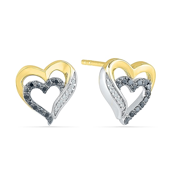 1/10 CT. T.W. Natural Black Diamond 10K Gold Over Silver 11.5mm Heart Stud Earrings