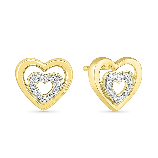 Diamond Accent Natural White Diamond 10K Gold Over Silver 10mm Heart Stud Earrings