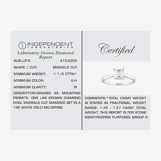 (H-I / SI2) Womens 1 1/2 CT. Lab-Grown White Diamond in 14K Gold Emerald Solitaire Engagement Ring