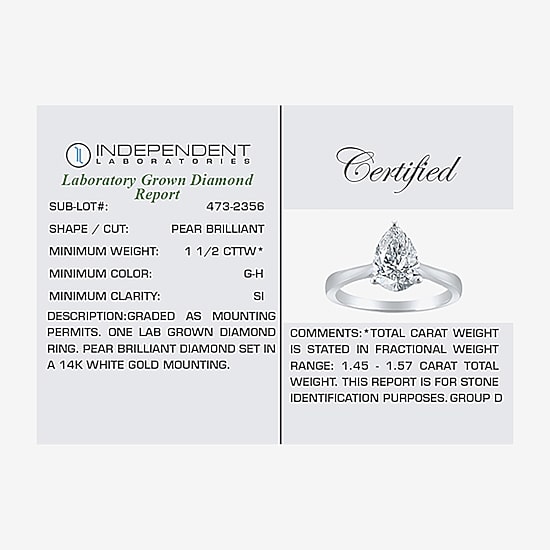 (H-I / SI2) Womens 1 1/2 CT. Lab-Grown White Diamond in 14K Gold Pear Solitaire Engagement Ring