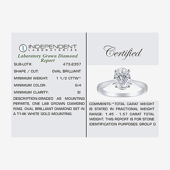(H-I / SI2) Womens 1 1/2 CT. Lab-Grown White Diamond in 14K Gold Oval Solitaire Engagement Ring