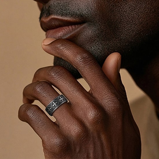 Crusader Cross Pattern Mens 7MM Tungsten Wedding Band