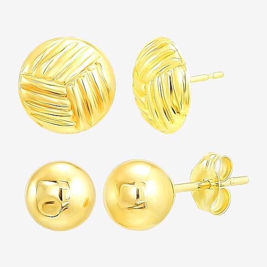 Womens 10K Gold Round 2 Pair Earring Set