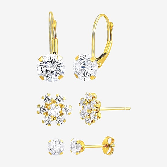 Womens Cubic Zirconia 10K Gold 3 Pair Earring Set