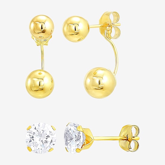 Womens White Cubic Zirconia 10K Gold 2 Pair Earring Set