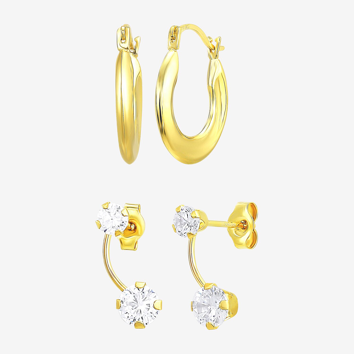 Womens White Cubic Zirconia 10K Gold 2 Pair Earring Set