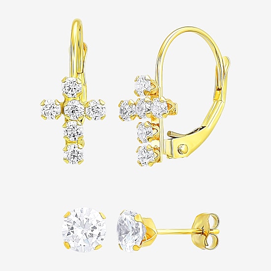 Religious Jewelry Cross Womens White Cubic Zirconia 10K Gold 2 Pair Earring Set