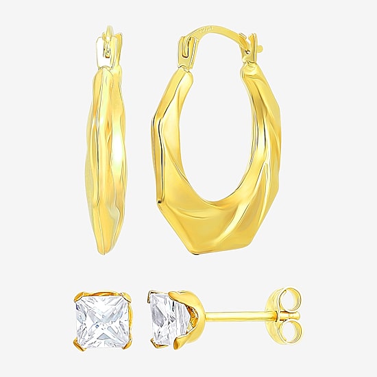 Womens White Cubic Zirconia 10K Gold 2 Pair Earring Set