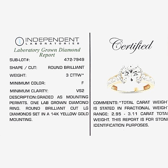 (F / Vs2) Womens 3 CT. T.W. Lab Grown White Diamond 14K Gold Round Side Stone Engagement Ring
