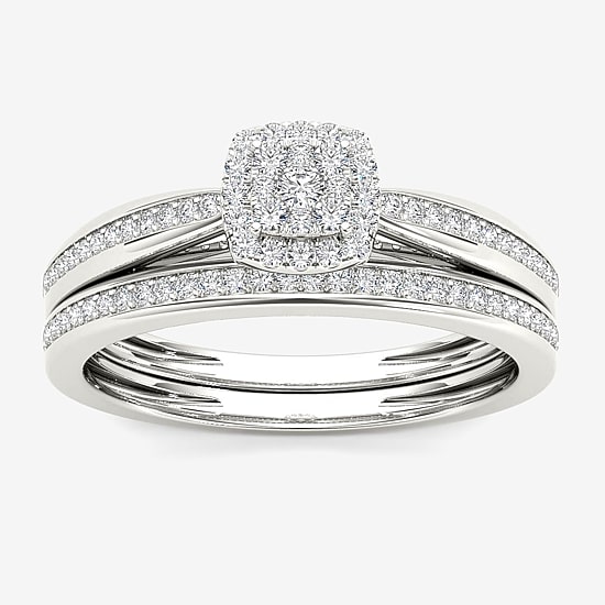 Womens 1/4 CT. T.W. Natural White Diamond 10K Gold Cushion Side Stone Halo Bridal Set