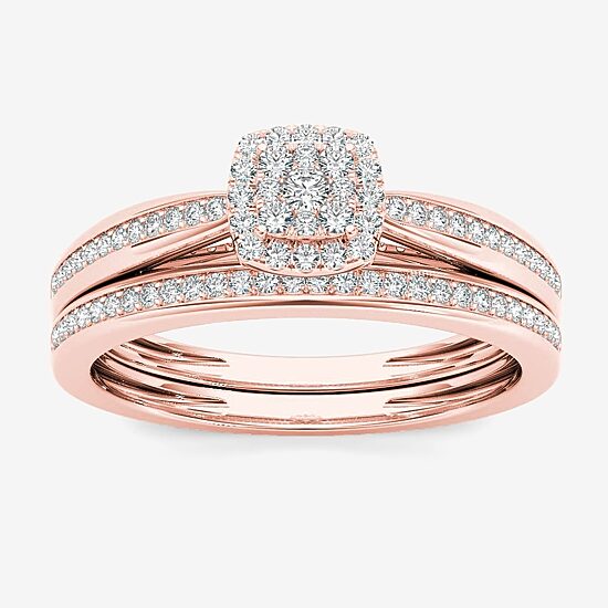 Womens 1/4 CT. T.W. Natural White Diamond 10K Gold Cushion Side Stone Halo Bridal Set