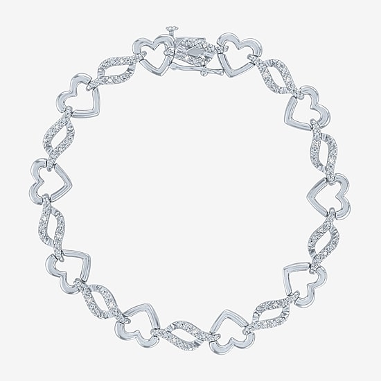 (G-H / Si2-I1) Womens Pure Silver Over Brass Heart 7.5 Inch Link Bracelet