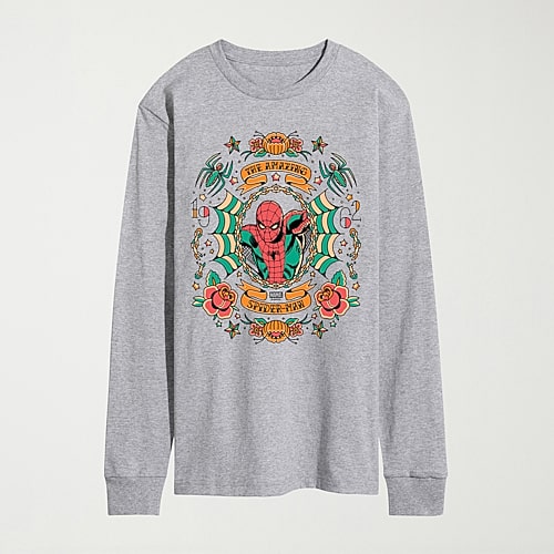 Novelty Mens Crew Neck Long Sleeve Regular Fit Marvel Spiderman Graphic T-shirt In Gray