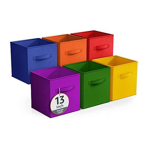 Sorbus 6 Pack 13 Inch Foldable Storage Cubes with Handles- for Organizing Home, Shelves, Nursery, Playroom, Closet and More - Deep rainbow