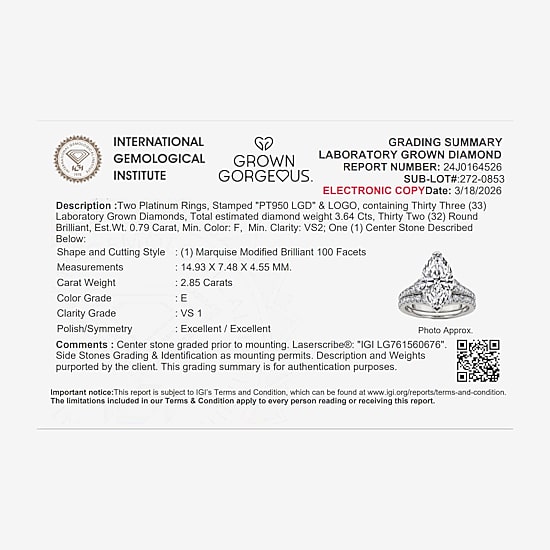 Grown Gorgeous (F,Vs2) Womens 3 5/8 Ct. T.W. Lab Grown White Diamond 14K Gold or Platinum Marquise Side Stone Bridal Set