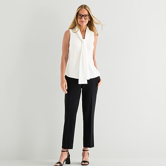 Black Label by Evan-Picone Womens Split Tie Neck Sleeveless Blouse