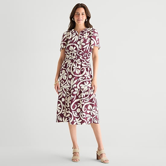 Isabel & Nina Womens Midi Notch Neck Short Sleeve Flutter Floral Fit + Flare Dress