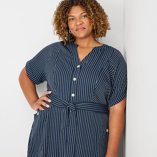 Danny & Nicole Womens Plus Midi V Neck Short Sleeve Cuffed Striped Fit + Flare Dress