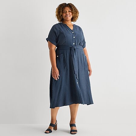 Melonie T Womens Plus Midi V Neck Short Sleeve Cap Fit + Flare